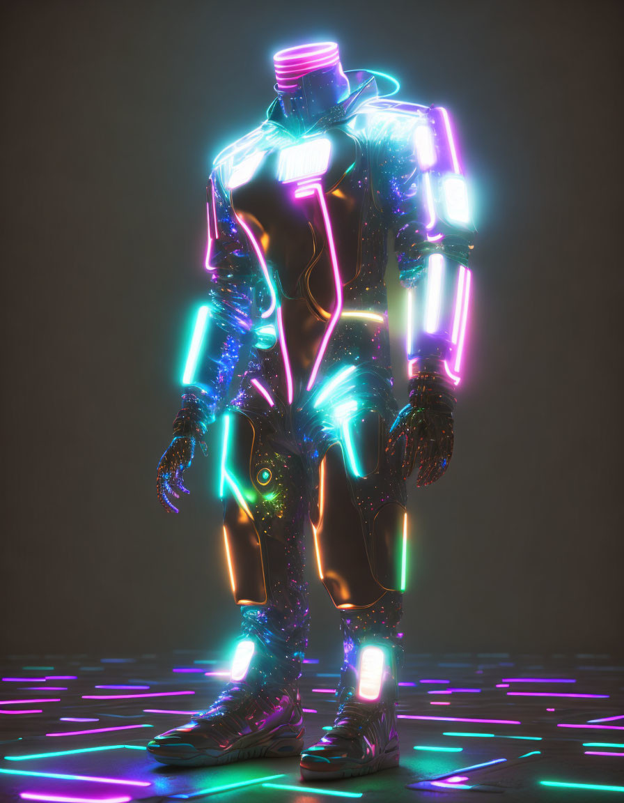 Glowing neon cybernetic figure in dark room with futuristic vibes