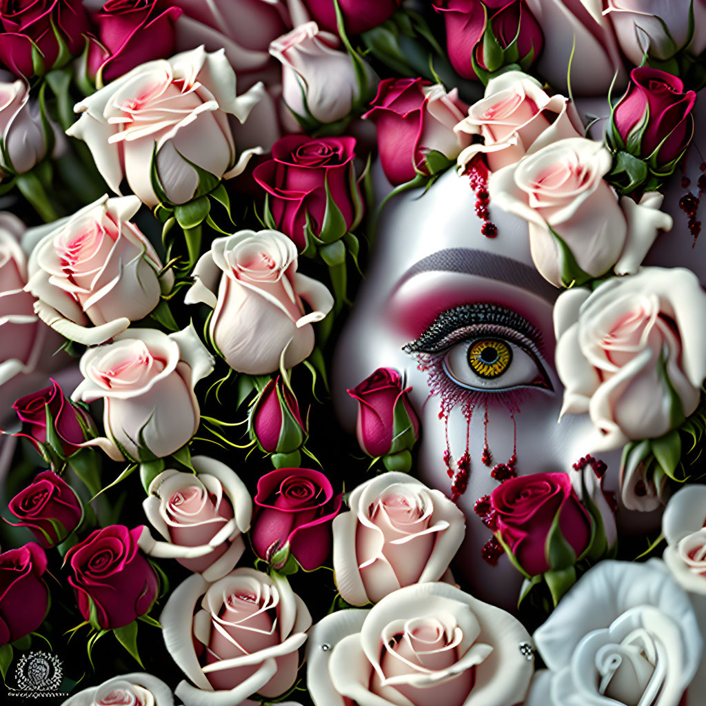 Detailed image of single eye among white and pink roses with jeweled teardrops