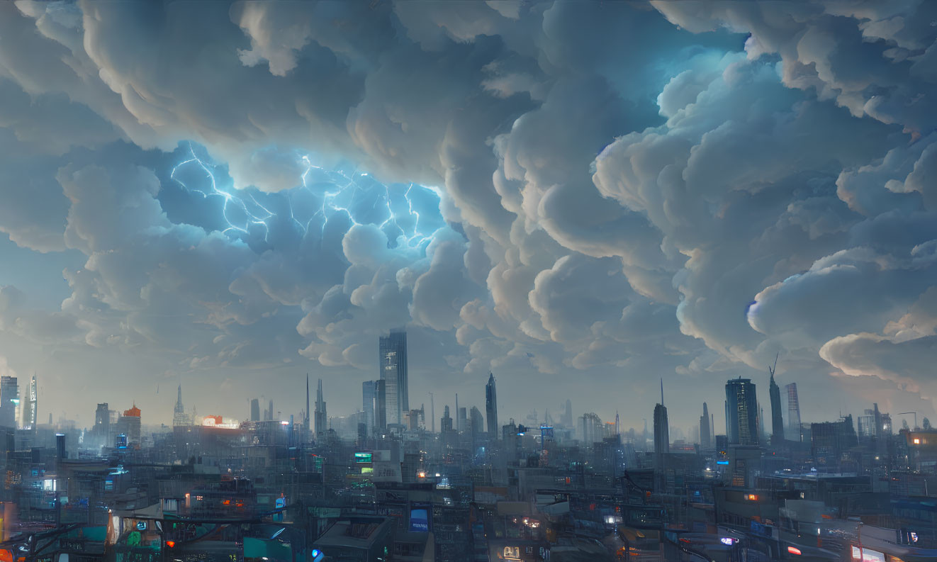 Dramatic cityscape with intense lightning bolts under tumultuous sky