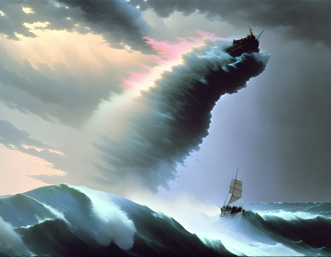 Dramatic ship scene with gigantic wave and stormy sky