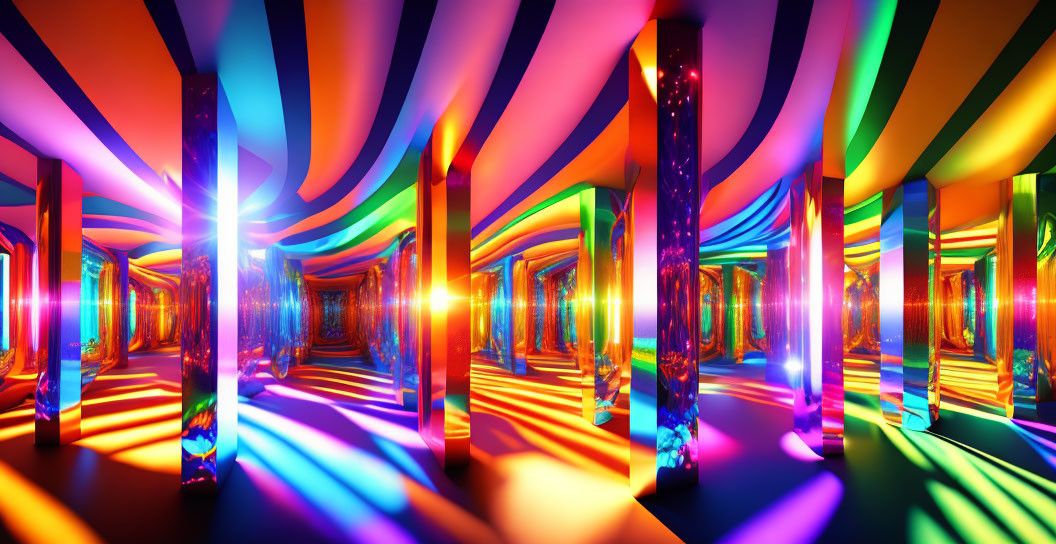 Colorful Psychedelic Corridor with Mirrored Walls