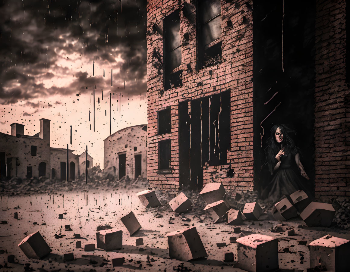 Woman in Black Dress Standing in Ruins Under Stormy Sky