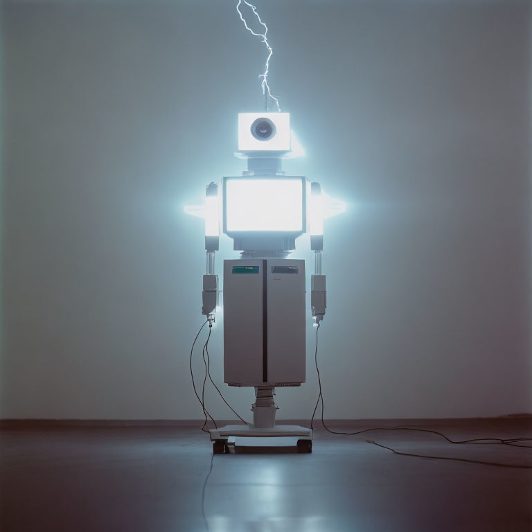 Robot-Themed Art Installation with Screen Torso and Lightning Bolt Effect