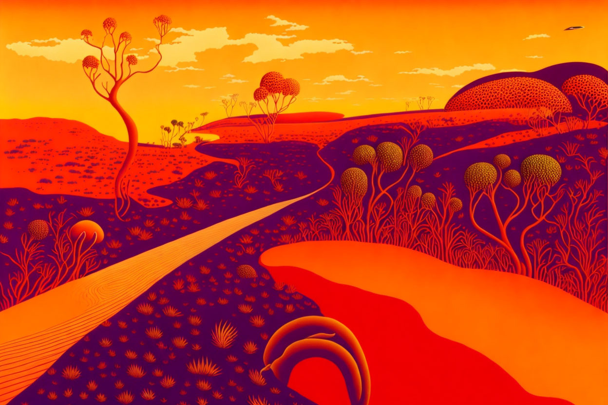 Colorful Stylized Landscape with Snaking Path and Round-topped Trees