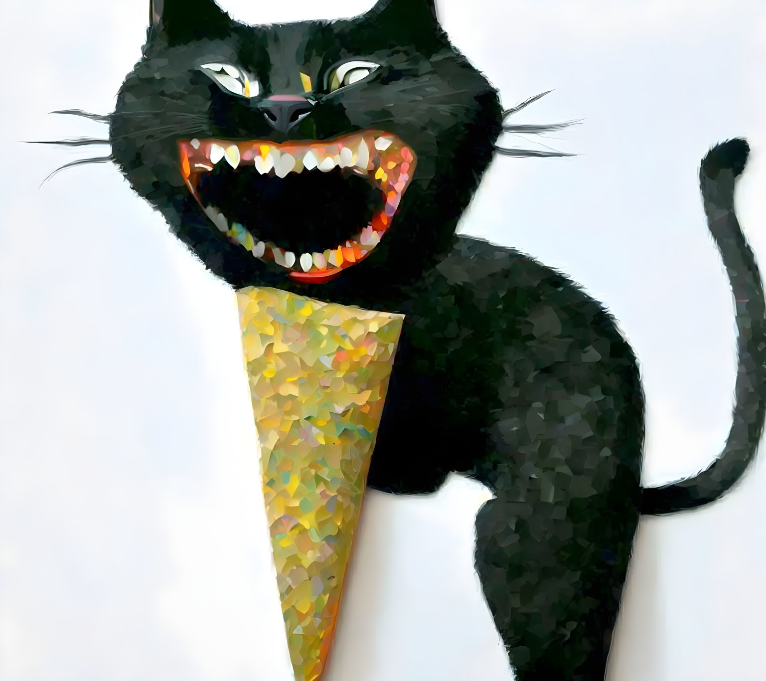 Artistic black cat with sharp teeth in ice cream cone illustration.