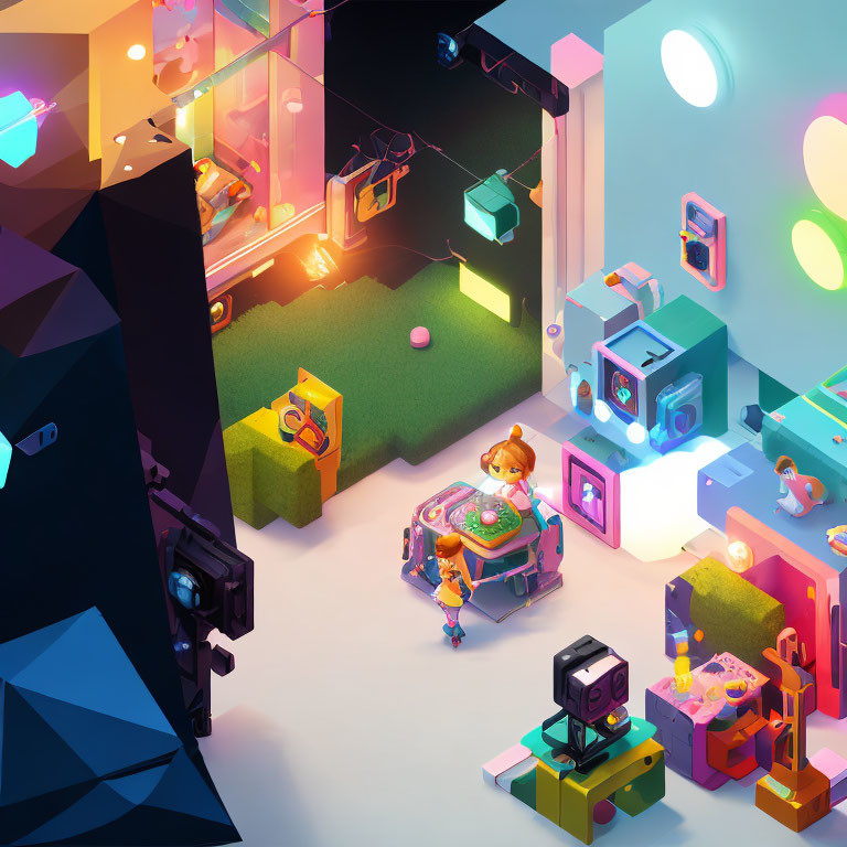 Vibrant Isometric Illustration of Futuristic Room with Character & High-Tech Gadgets