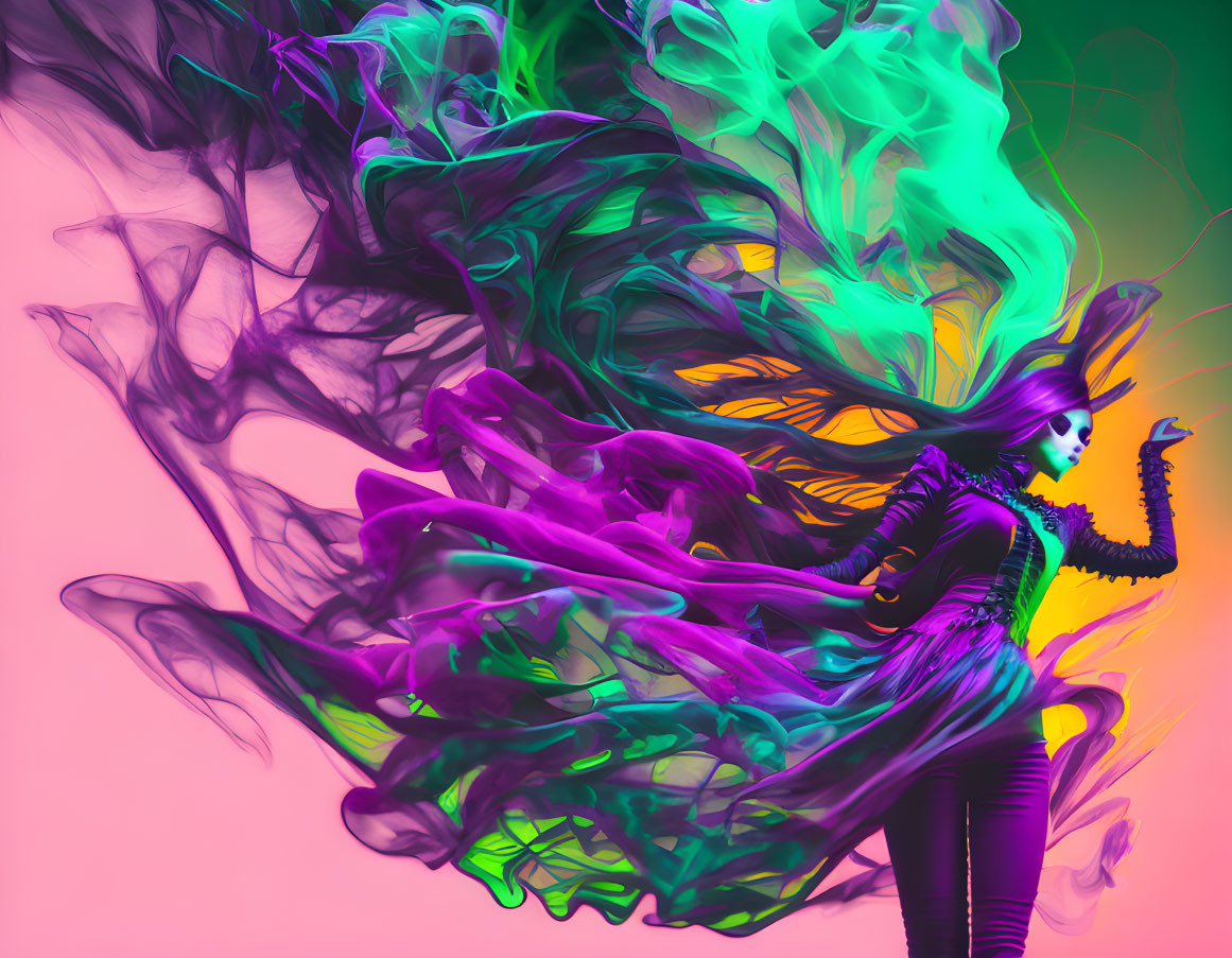 Colorful digital artwork: skeletal figure with flowing cloak on neon background