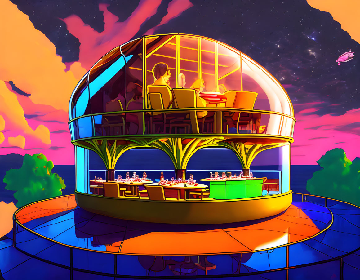 Futuristic dome restaurant illustration with sunset sky and flying craft