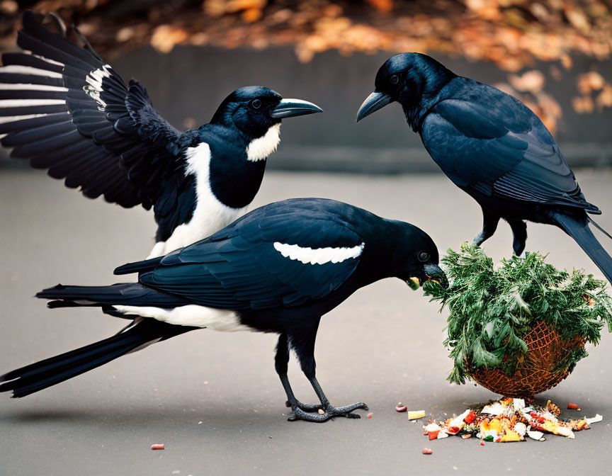 Three Magpies with Scattered Food and Flapping Wings