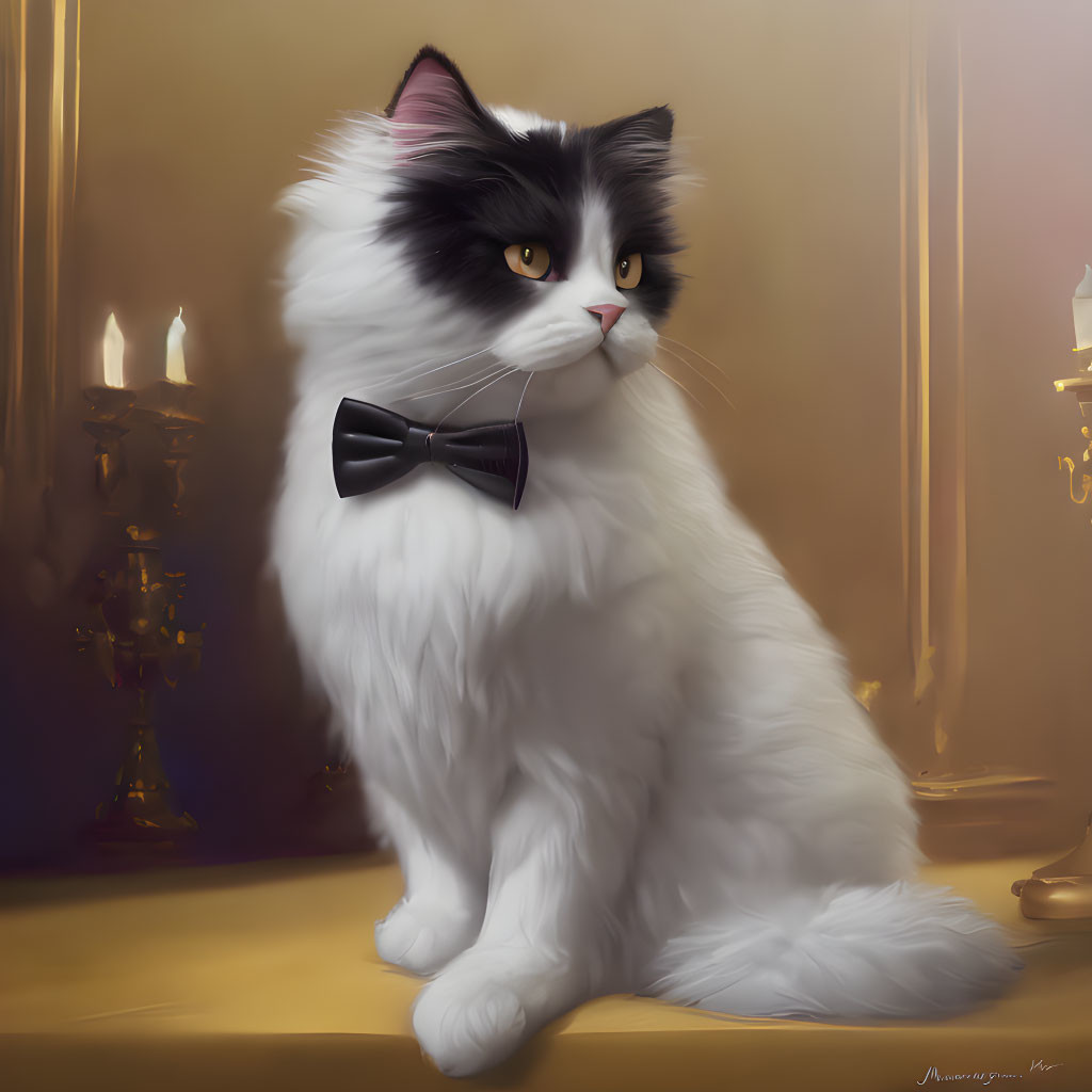 Fluffy White and Black Cat with Bow Tie Beside Lit Candle