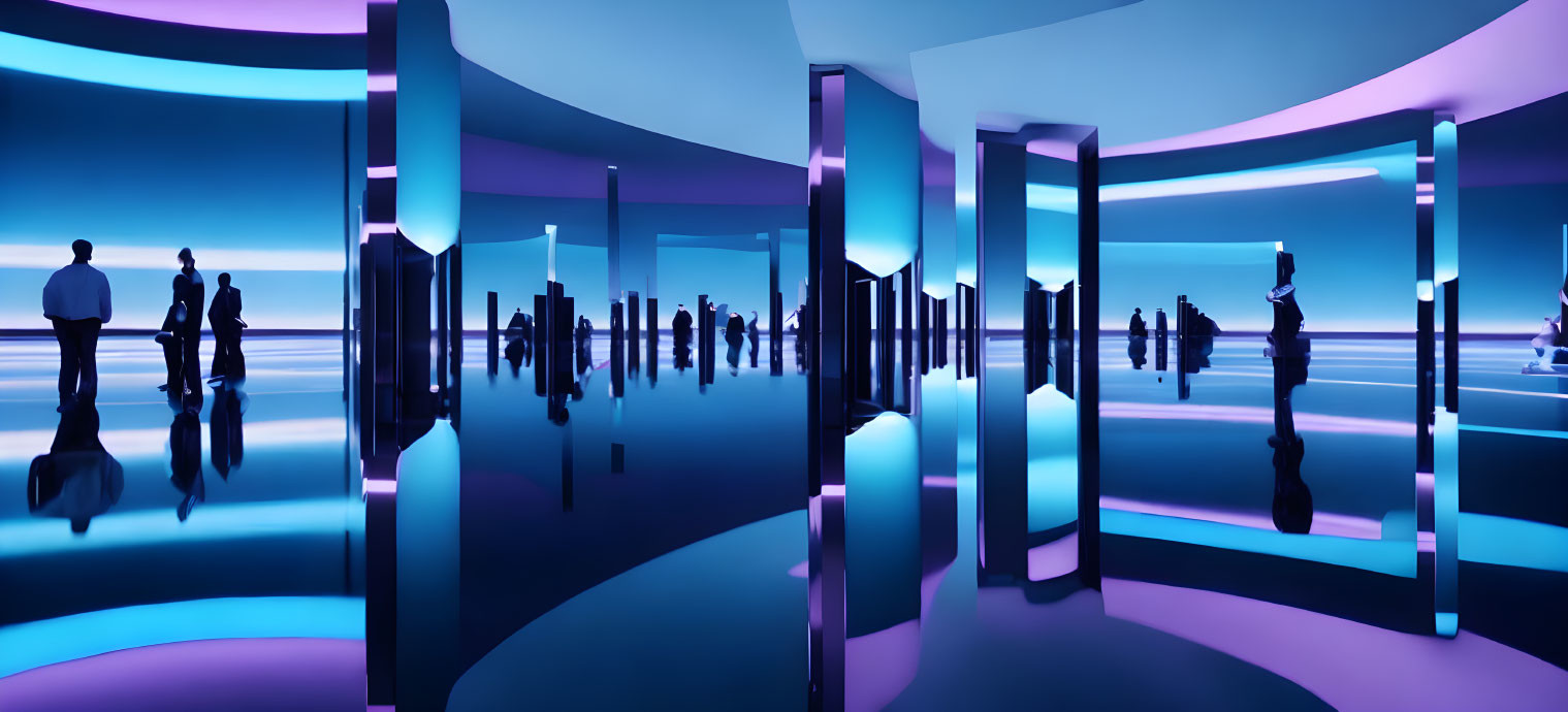 Futuristic interior with reflective columns and blue lighting