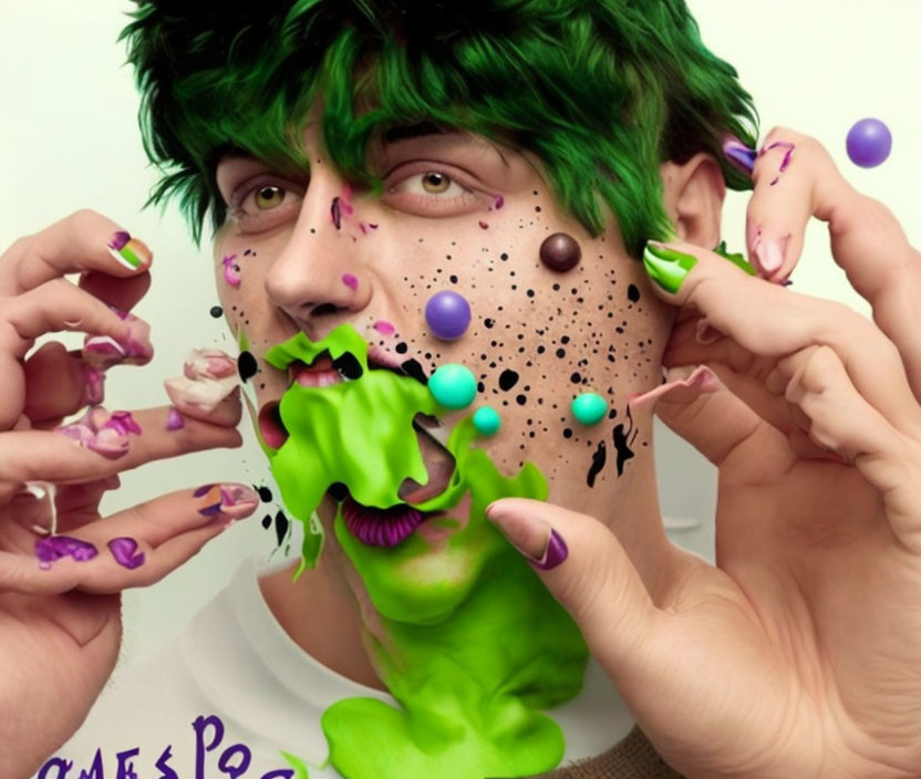 Green-haired person with creative makeup and colorful drips and dots, hands with nail polishes pulling green