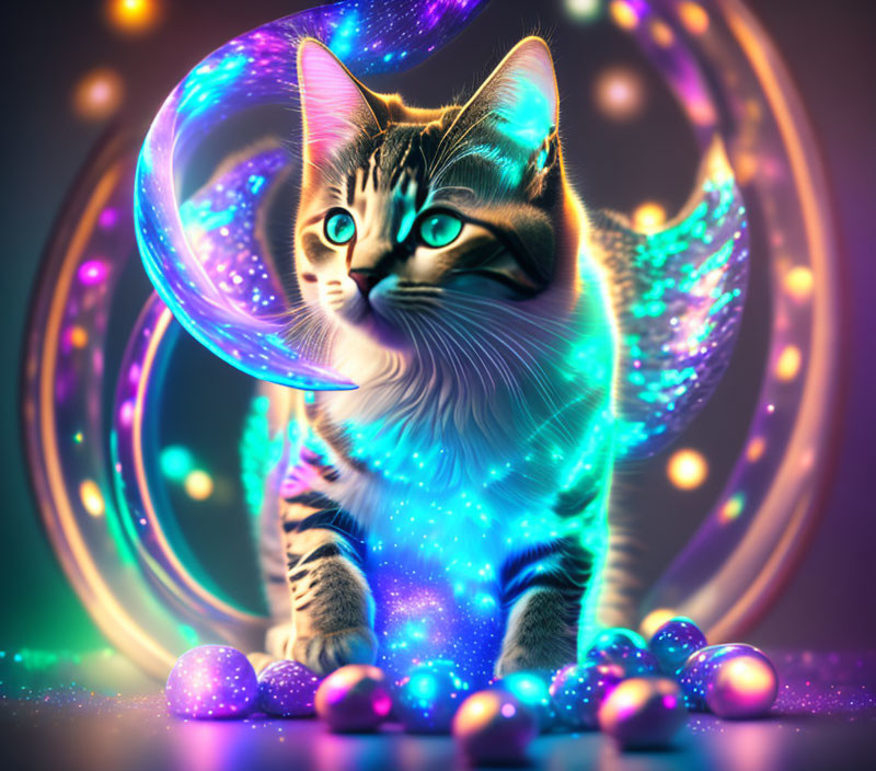 Glowing blue-patterned cat in neon lights and colorful orbs