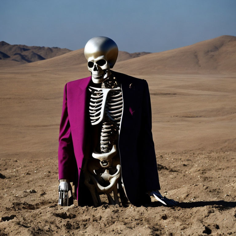 Skeleton in Sunglasses and Purple Blazer in Desert Scene