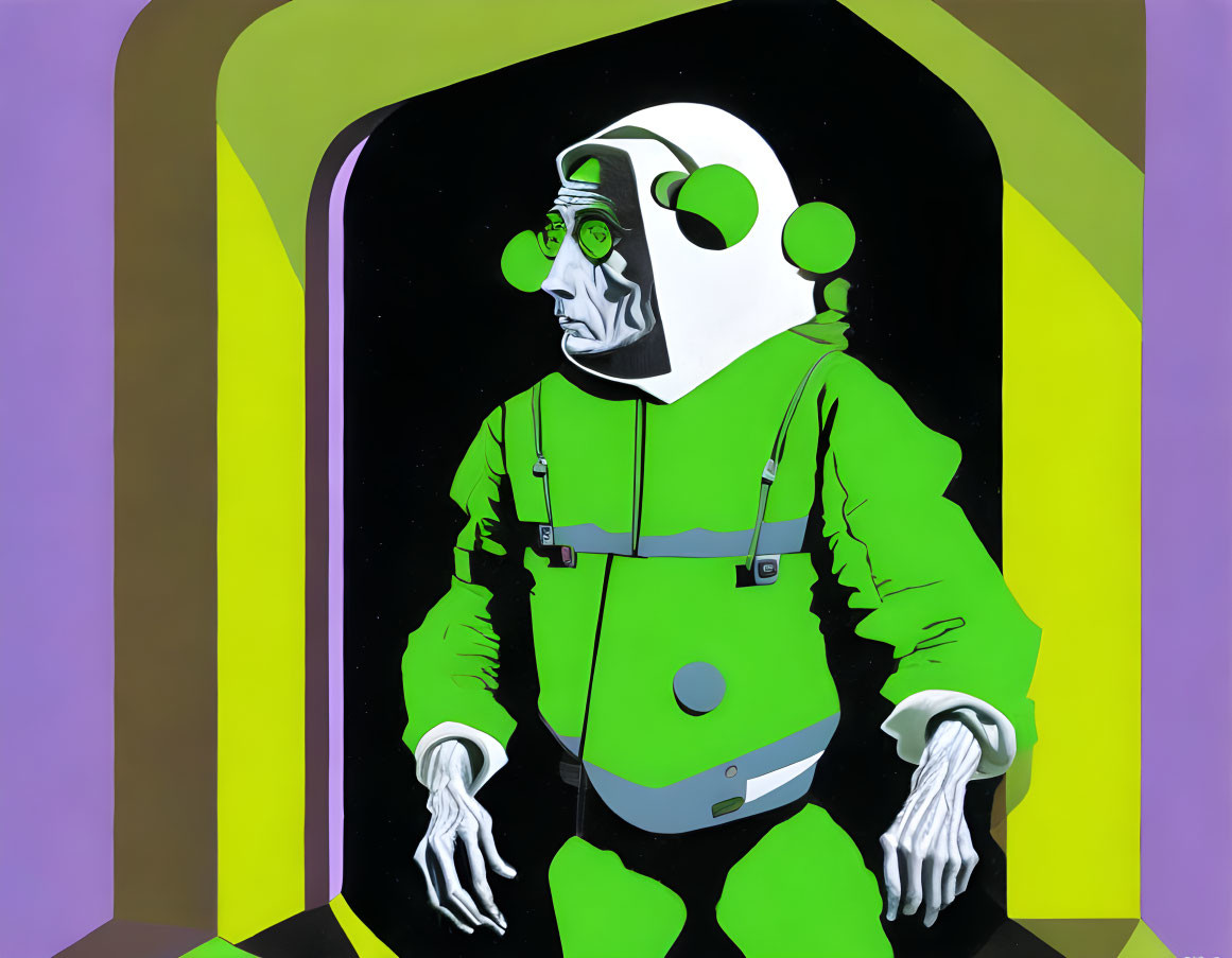 Person in Stylized Green Spacesuit by Purple and Yellow Hatch