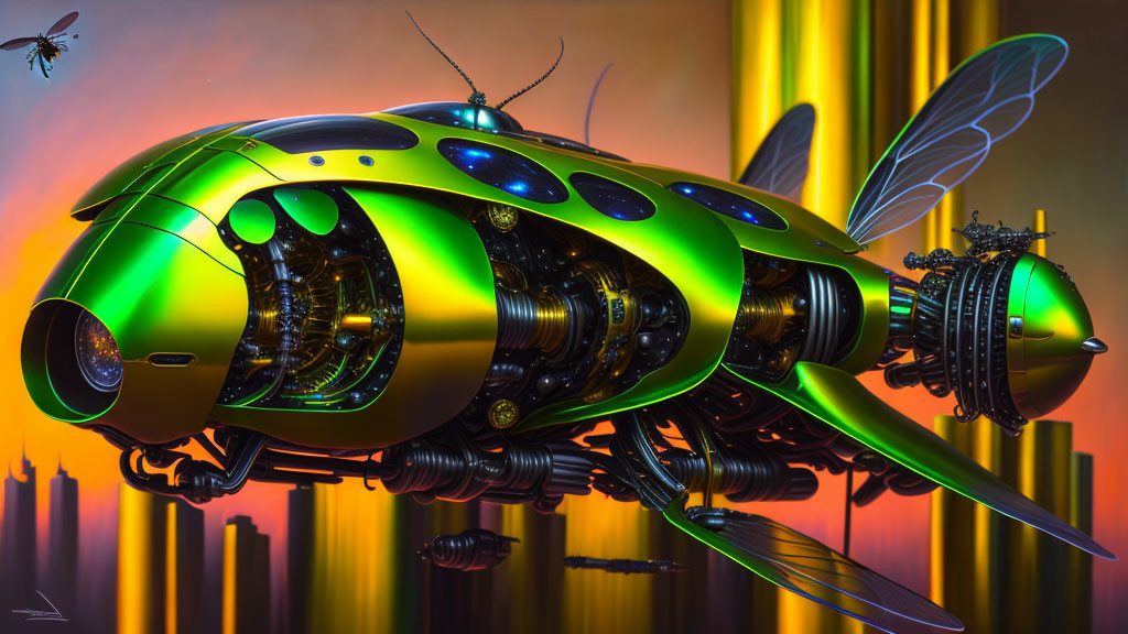 Futuristic green and yellow mechanical bee flying over stylized cityscape