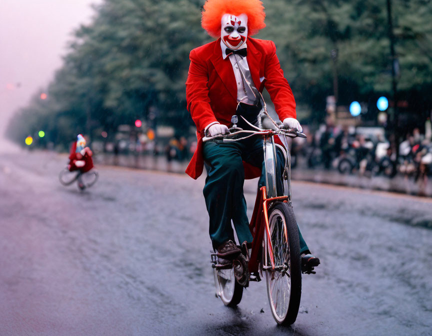 Clown with red hair rides bicycle in city street