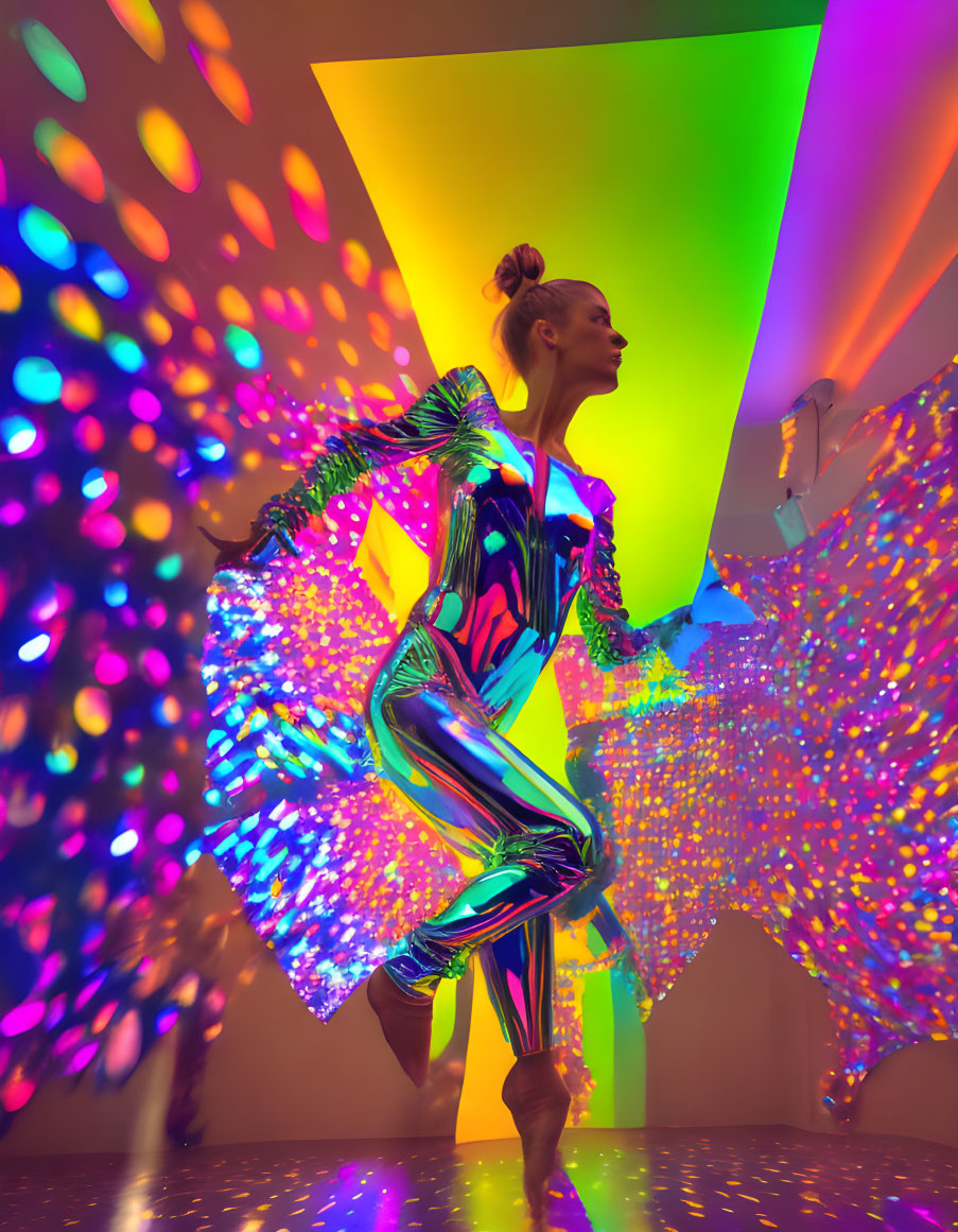 Colorful Light Projections Reflect on Person in Bodysuit