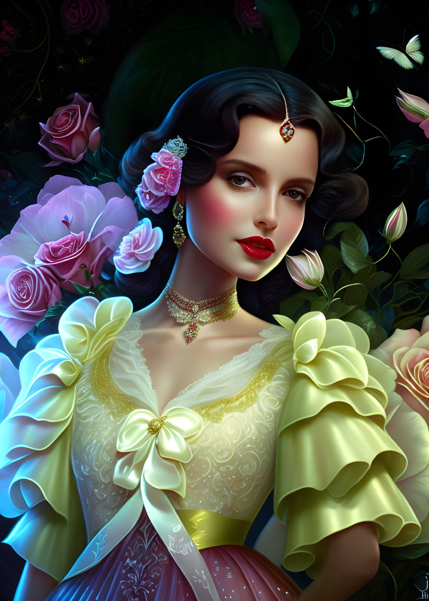 Digital Artwork: Elegant Woman with Dark Hair, Roses, Yellow Dress, Tiara & Jewelry