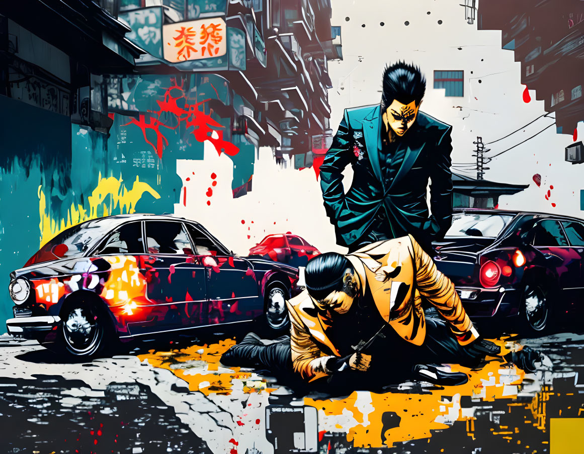 Colorful street art depicts two men in intense confrontation against urban backdrop.