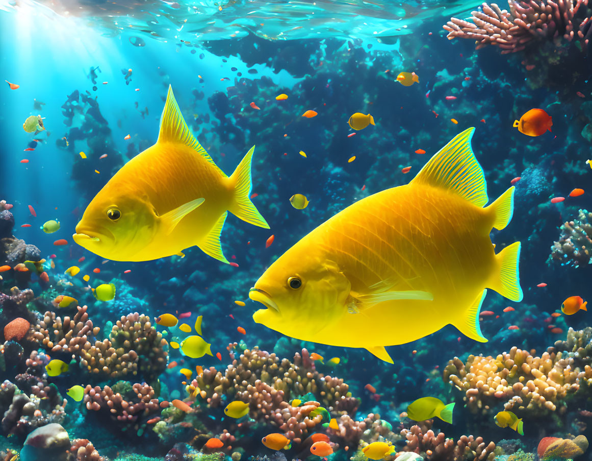 Colorful coral reef with vibrant yellow fish swimming in sunlight