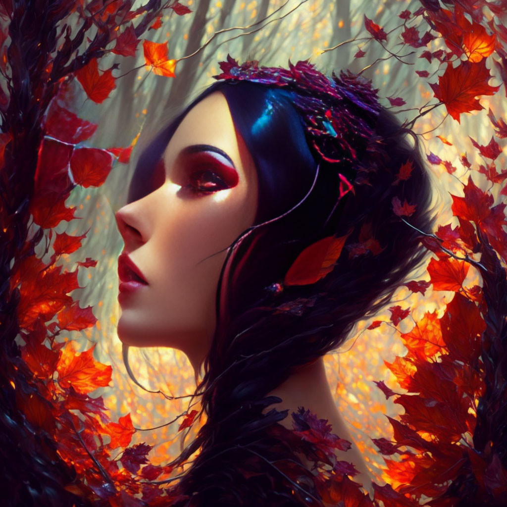 Woman with Striking Makeup and Floral Headpiece in Swirl of Autumn Leaves