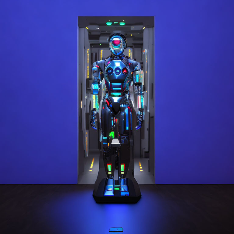 Futuristic robot with glowing blue and red lights in neon-lit enclosure