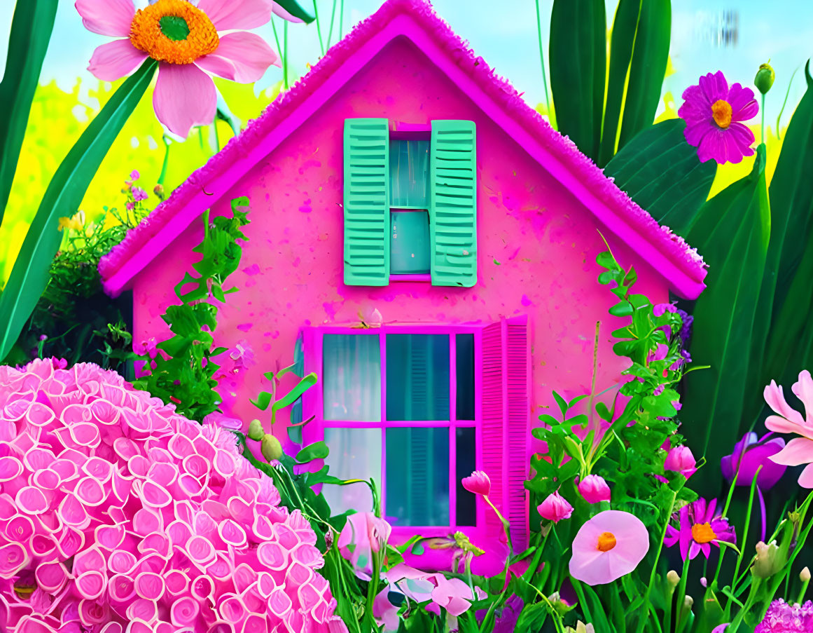 Colorful Illustration of Pink House with Teal Shutters & Flowers