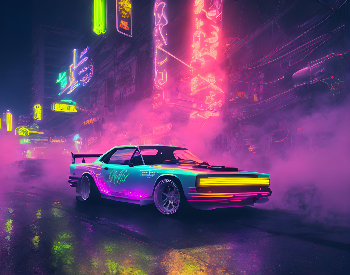 Neon-lit cyberpunk city street with retro-futuristic car emitting purple smoke