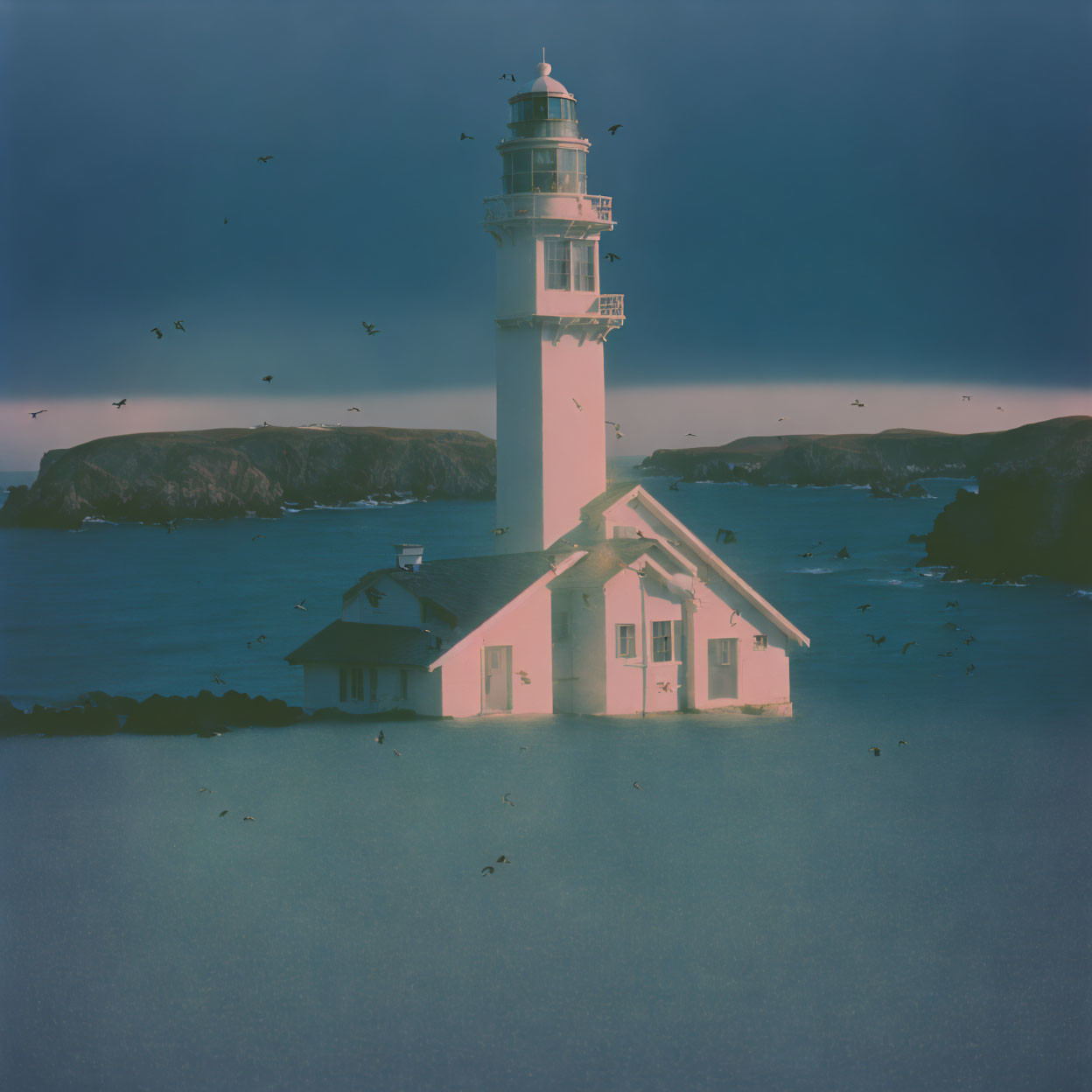 Lighthouse at Twilight with Birds and Rocky Islets