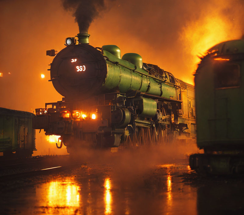 Vintage Steam Locomotive Glowing Lights and Steam at Night