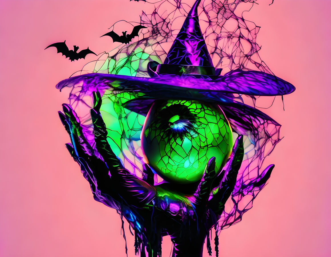 Digital artwork: Witch's hand with glowing eye, hat, bats, pink background