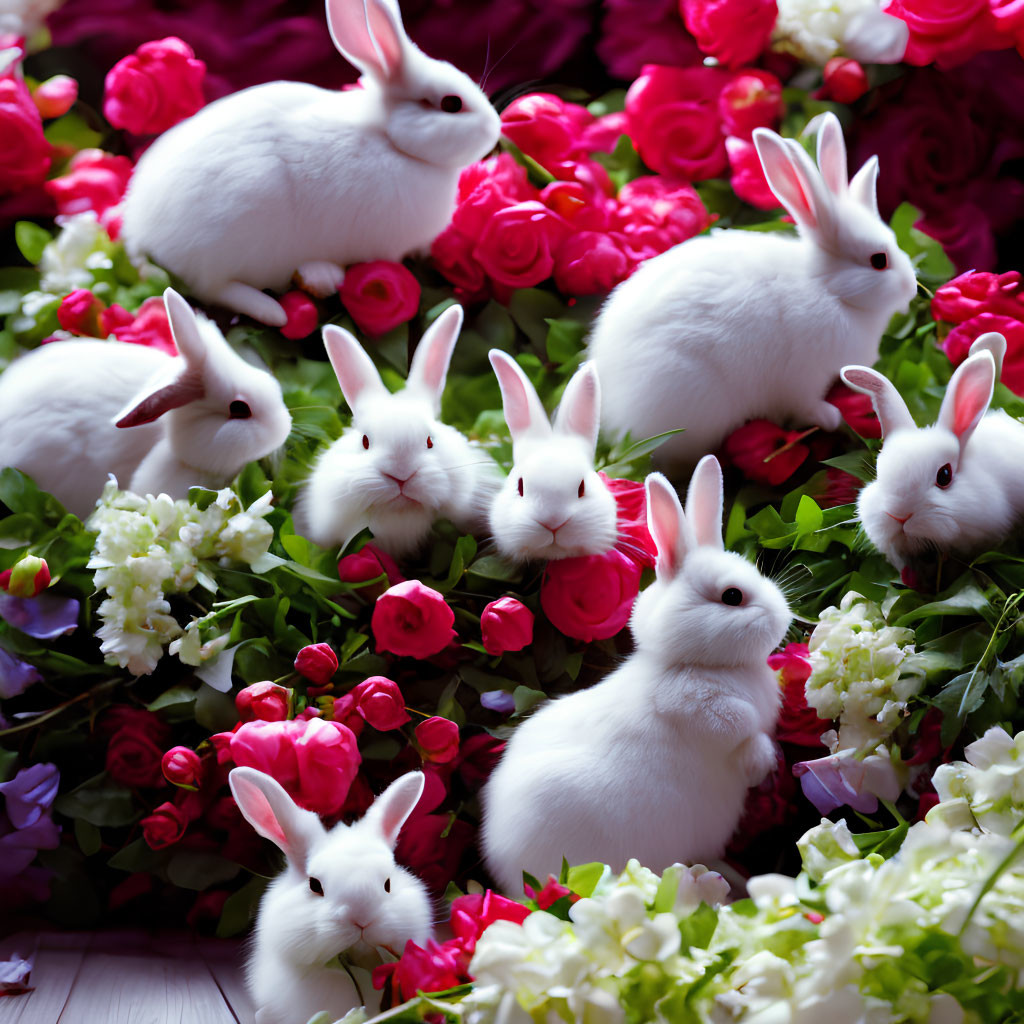 White Rabbits in Colorful Flower Garden with Roses and Snapdragons