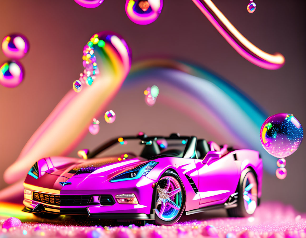 Colorful surreal scene: pink Corvette, rainbow, bubbles, glittering pink ground