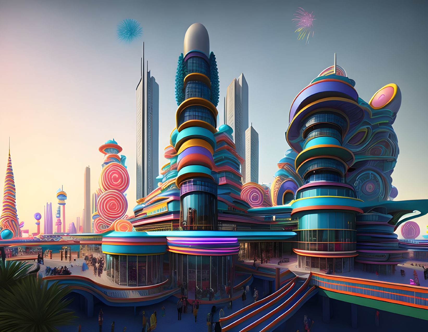 Vibrant futuristic cityscape at dusk with illuminated towers and fireworks.