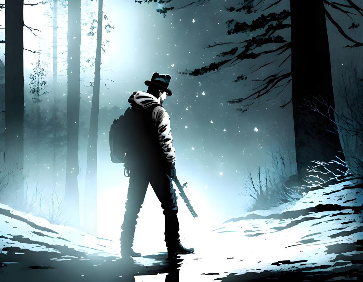 Silhouette of person with hat and rifle in snowy forest at night