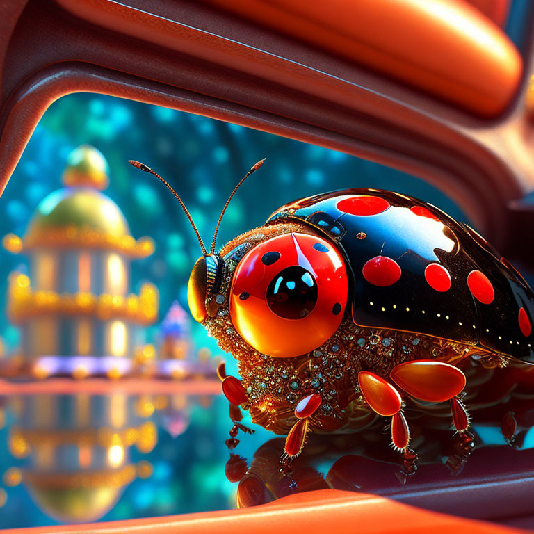 Detailed digital art: stylized mechanical ladybug in futuristic setting