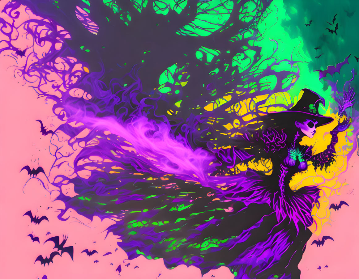 Colorful digital artwork of a stylized witch with swirling patterns and bats on gradient background