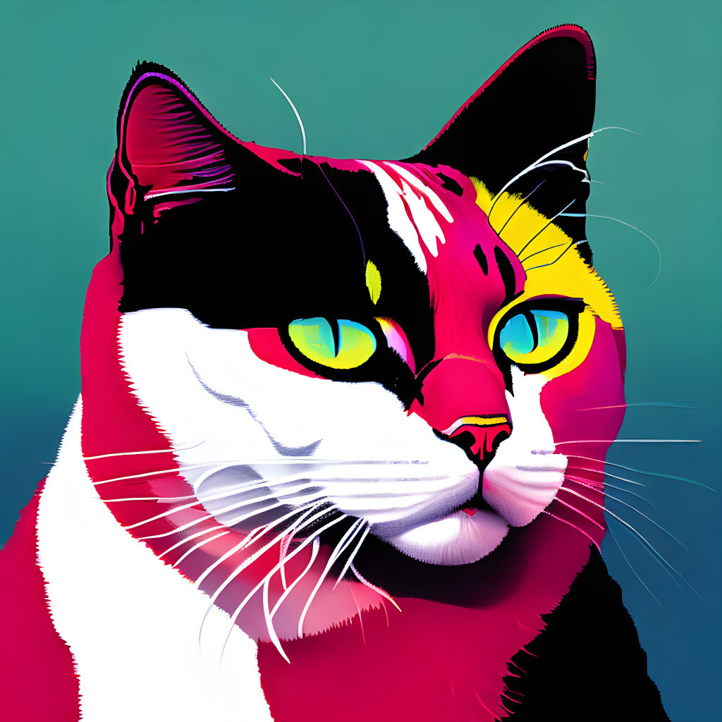 Vibrant digital artwork of a cat with black and white markings, yellow eyes, and red teal