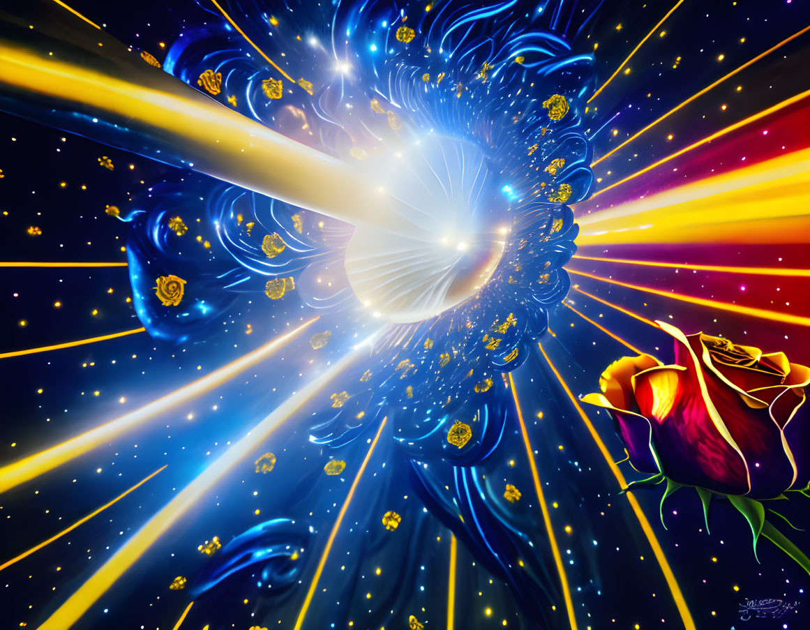 Cosmic illustration with central light beam and red rose.