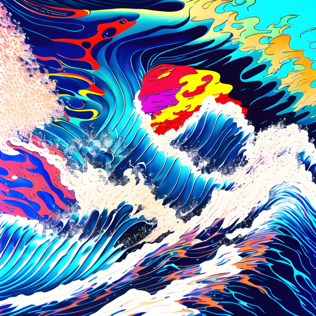 Colorful Abstract Art: Swirling Patterns in Blue, White, Red, and Yellow