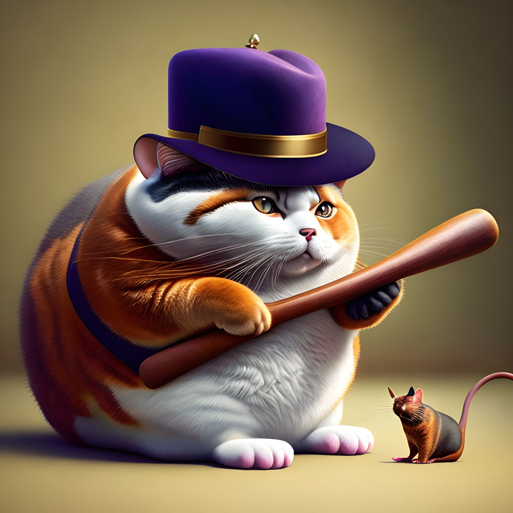 Plump orange and white cat with purple hat and baseball bat, small brown mouse, yellow background