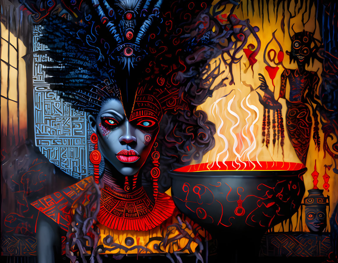 Digital artwork of woman with tribal face paint and smoke bowl