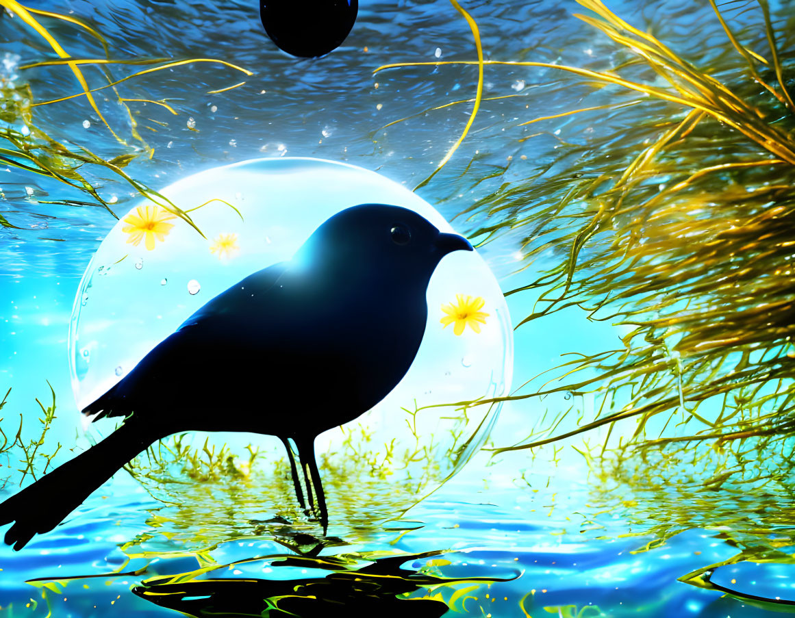 Silhouette of Bird in Water with Reflection and Yellow Flowers under Blue Sky