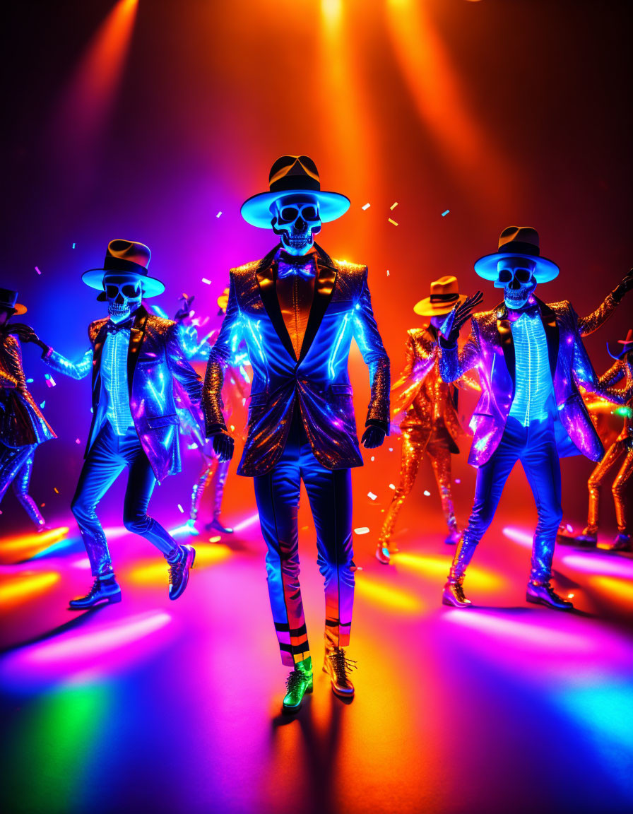 Three people in glitter suits and top hats with neon lights and skull face paint dancing under colorful stage lighting