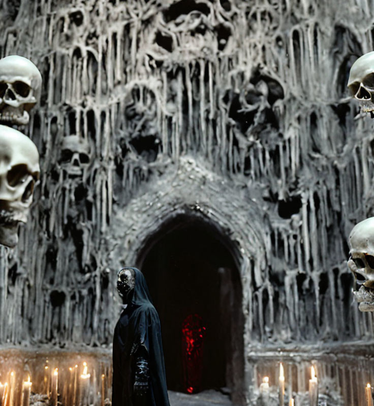 Cloaked Figure in Dark Tunnel Entrance with Skulls and Candles