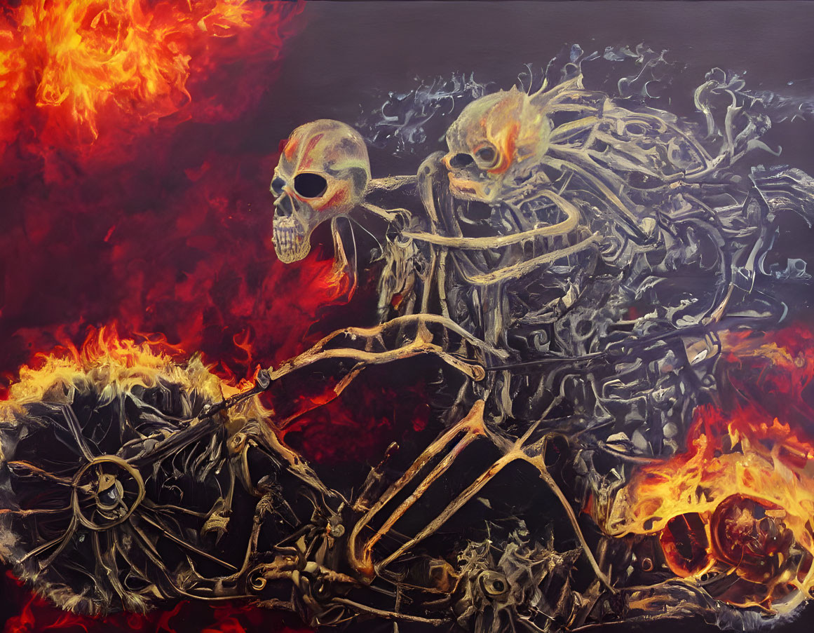 Skeletal figures on motorcycle in flames on abstract background