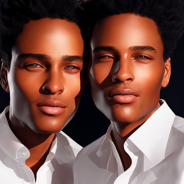 Dark-skinned male figures with afro hair in white shirts on dark background