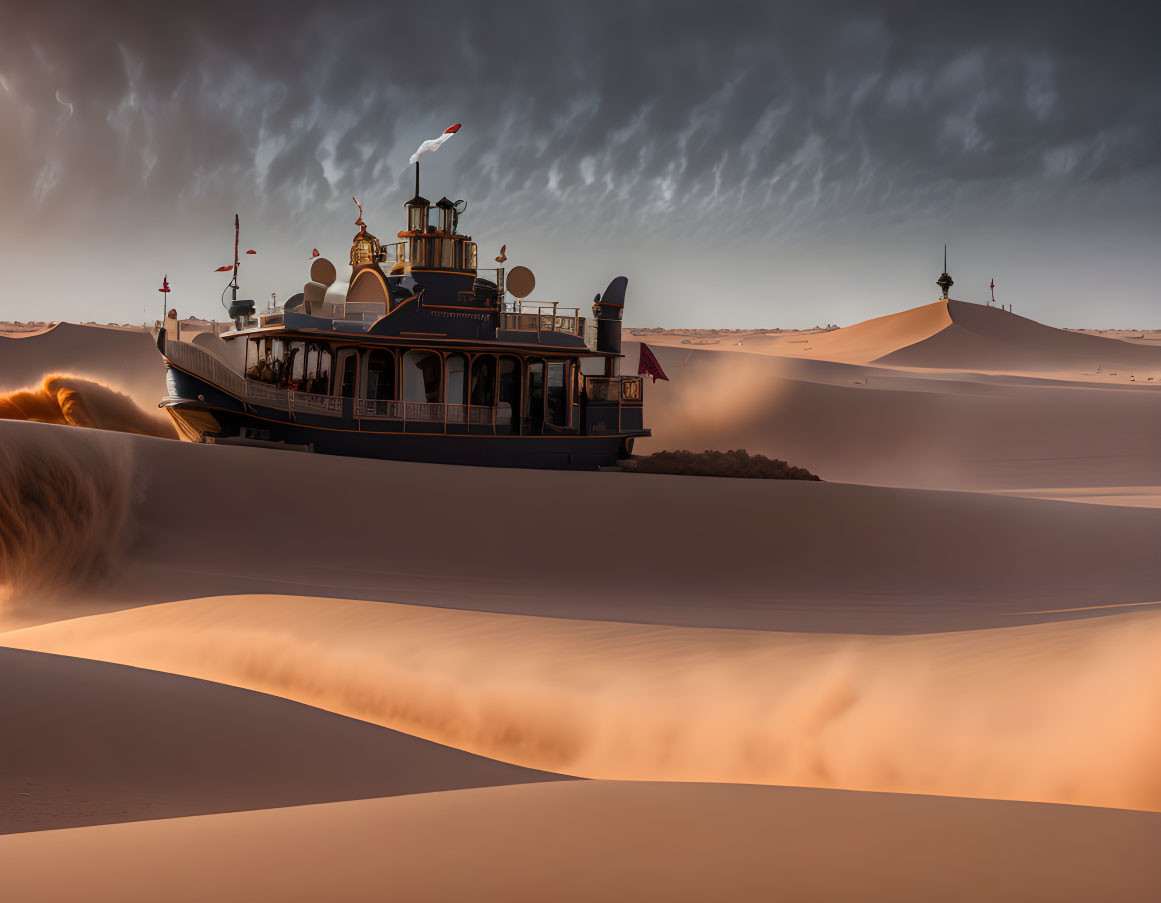 Vintage steamboat stranded in desert dunes under dramatic sky