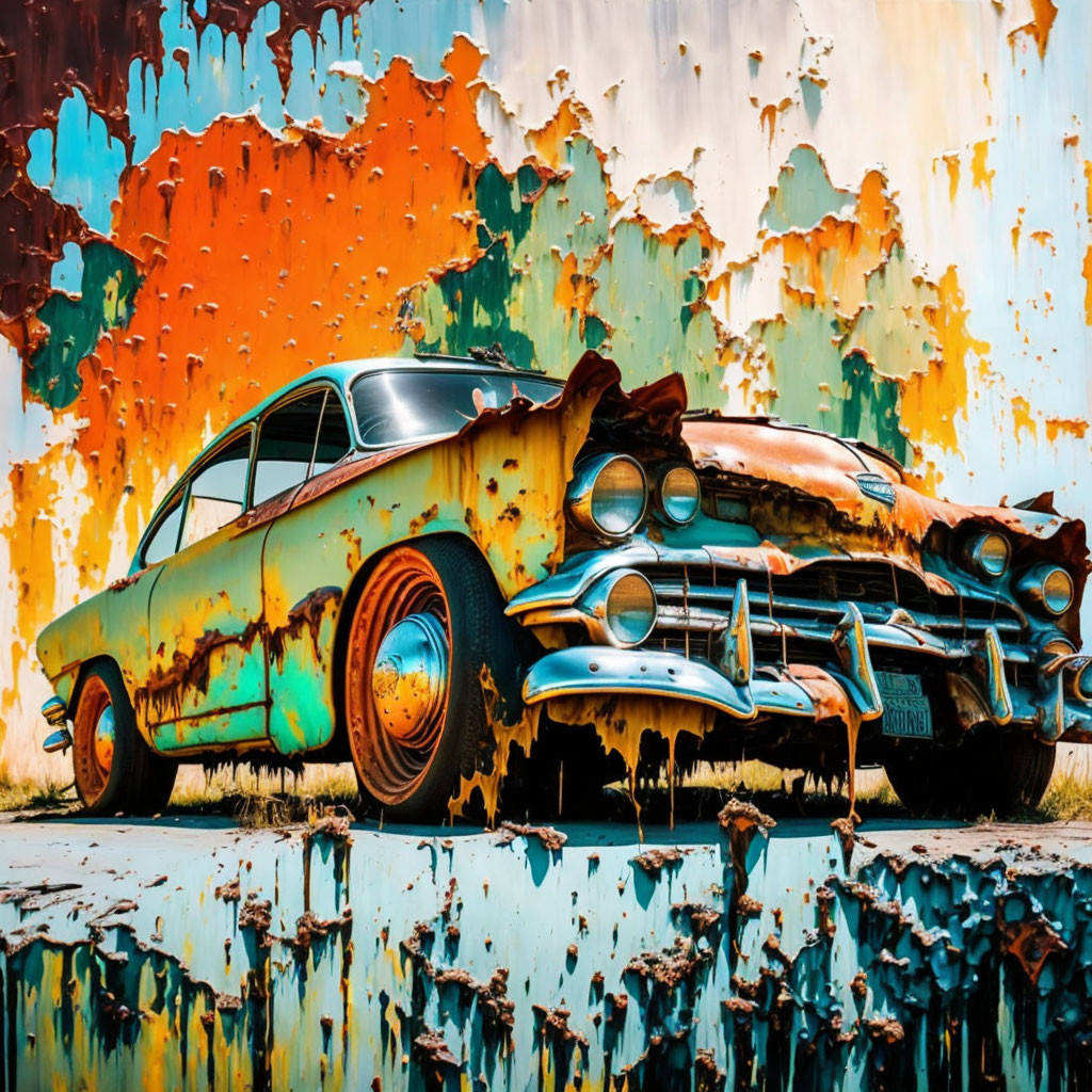 Vintage Car with Peeling Paint Against Colorful Rusted Wall and Water Reflection